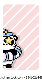 Phone Wallpapers, stories for sosial media. Little cute panda on summer vacation in the inflatable circle and glasses. Striped background. Kawaii bear