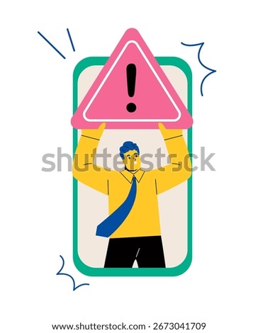 Phone warning concept. Business man holding sign warning in screen of smartphone. Flat vector illustration isolated on white background