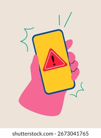 Konzept für Telefonwarnungen. Hand haltendes Telefon. Farbige Vektorgrafik
 