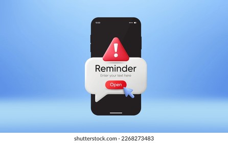 Phone warning message on screen. New notice on the smartphone. Danger alert notification. Important event push message. Calendar attention reminder notification speech bubble. Danger warning. Vector