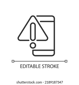 Phone warning pixel perfect linear icon. Mobile phone breakage. Smartphone touchscreen issue. Thin line illustration. Contour symbol. Vector outline drawing. Editable stroke. Arial font used