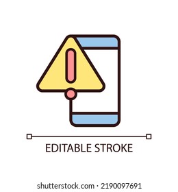 Phone warning pixel perfect RGB color icon. Mobile phone breakage. Smartphone touchscreen issue. Isolated vector illustration. Simple filled line drawing. Editable stroke. Arial font used
