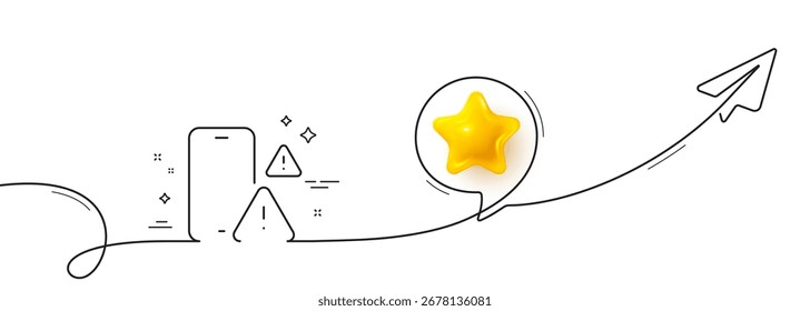 Icono de línea de advertencias telefónicas. Línea continua con plano compartido. Signo de App de smartphone. Símbolo del dispositivo móvil del teléfono móvil. Estrella 3D en la burbuja del discurso. Cinta de una sola línea de advertencia telefónica. Patrón de curva de bucle. Vector