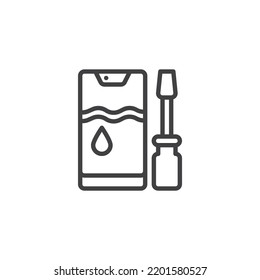 Phone Water Damage Repair Line Icon. Linear Style Sign For Mobile Concept And Web Design. Phone And Screwdriver Outline Vector Icon. Symbol, Logo Illustration. Vector Graphics