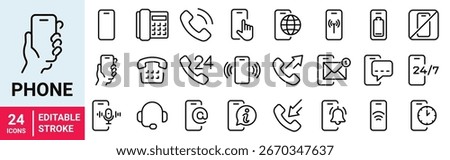 Phone web icons in line style. Call, telephone, mobile phone, contact, communication, collection. Vector illustration