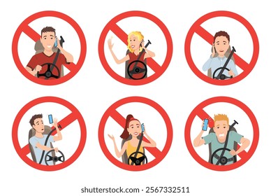 Phone while driving. Safety driving rules. Do not use mobile. Man and woman talking on phone or using smartphone. Vector illustration