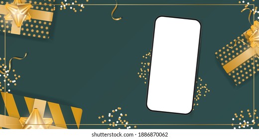 The phone with a white screen lies on a Green background with gifts. Ready poster or banner.  Vector illustration.