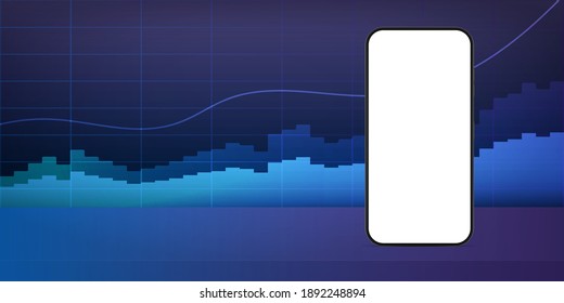 Phone with a white screen on the background of financial charts. Neon colors. The concept of analytics, business or trading on the financial exchange. Vector.