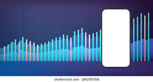 Phone with a white screen on the background of financial charts. The concept of analytics, business or trading on the financial exchange. Vector.