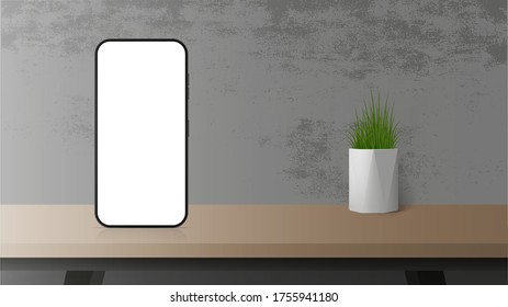 Hay un teléfono con una pantalla blanca sobre la mesa. Plantilla para publicidad en un smartphone. Smartphone con pantalla en blanco. Vector realista.