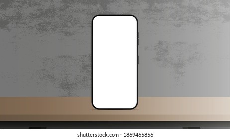 A phone with a white screen is on the table. Workplace. Ready-made template for advertising design. Realistic vector.