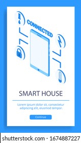A phone with a Wi-Fi icon on the screen and icons for controlling a smart home using a smartphone. Poster with isometric vector illustration in blue. Suitable for technology and business topics.