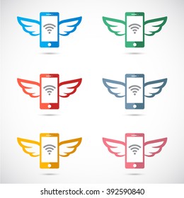 Phone with Wi-Fi sign. Easy Wi-Fi. Free Wi-Fi concept. Smart phone with wings. 