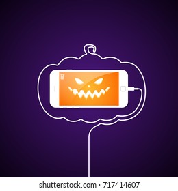 Phone, wire, halloween, pumpkin, evil face.