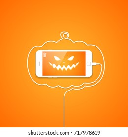 Phone, Wire, Halloween, Pumpkin, Evil Face.