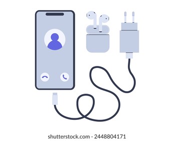 Phone with wireless headphones and charger. Phone screen with call. Vector illustration