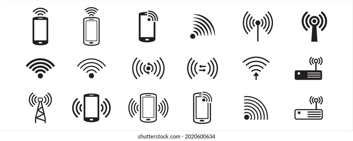 drahtlose Internetverbindung, Vektorsymbol-Set. enthält das Symbol als WLAN, Anbinden, Datenübertragung, Modulator-Demodulator, Modem, Nahfeldkommunikation.