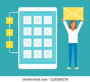 Phone and woman with raised icon sanding by cell having storage, internet settings gallery camera, time clock buttons, isolated on vector illustration