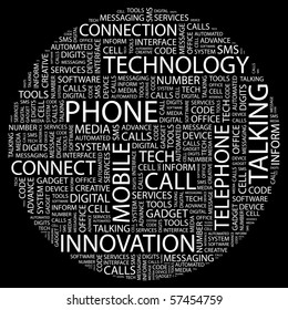 PHONE. Word collage on black background. Illustration with different association terms.