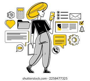 Phone working online person doing some job vector outline illustration, smartphone remote virtual working freelancer or a part of coworking team.