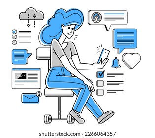 Phone working online person doing some job vector outline illustration, smartphone remote virtual working freelancer or a part of coworking team.