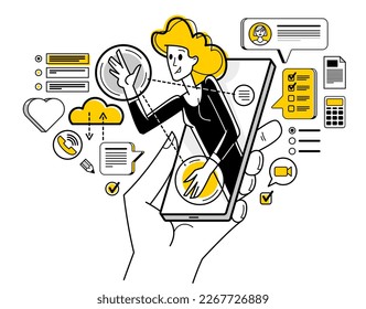 Persona que trabaja en línea haciendo alguna ilustración de esquema de vector de trabajo, autónomo virtual de trabajo remoto para smartphone o parte de un equipo de trabajo.