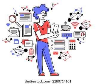 Phone working online person doing some job vector outline illustration, smartphone remote virtual working freelancer or a part of coworking team.