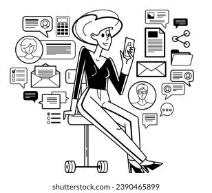 Phone working online person doing some job vector outline illustration, smartphone remote virtual working freelancer or a part of coworking team.