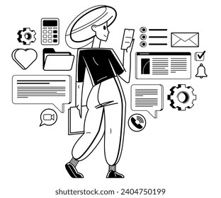 Phone working online person doing some job vector outline illustration, smartphone remote virtual working freelancer or a part of coworking team.