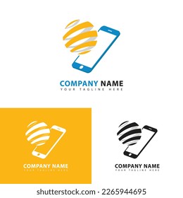 Phone world globe icon logo design template, handphone vector sign, mobile with earth globe symbol.