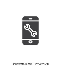 Phone with wrench vector icon. filled flat sign for mobile concept and web design. Smartphone repair glyph icon. Symbol, logo illustration. Vector graphics