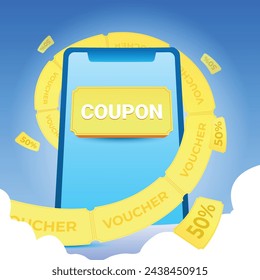 phone and a yellow coupon strip wrapped around it, with many coupons flying around on a blue background