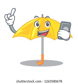 With phone yellow umbrella isolated on a mascot