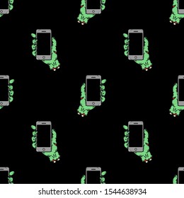 PHONE IN ZOMBIE HAND SEAMLESS PATTERN BLACK BACKGROUND