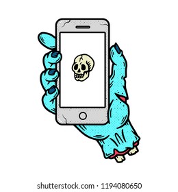 PHONE IN ZOMBIE HAND SKULL GRUNGE TEXTURE WHITE BACKGROUND