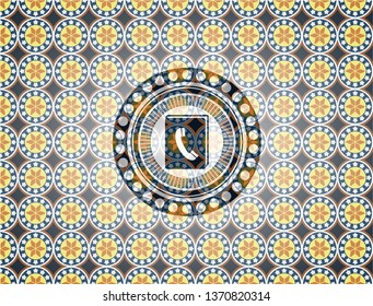 phonebook icon inside arabic emblem background. Arabesque decoration.