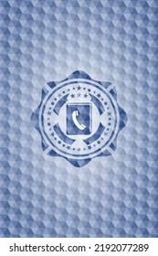phonebook icon inside blue emblem or badge with geometric pattern background. 