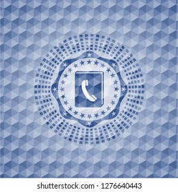 phonebook icon inside blue polygonal emblem.