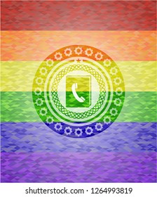 phonebook icon inside emblem on mosaic background with the colors of the LGBT flag