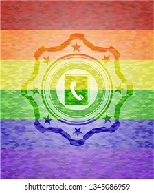 phonebook icon inside emblem on mosaic background with the colors of the LGBT flag