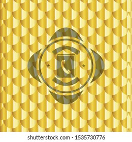 phonebook icon inside gold badge or emblem. Scales pattern. Vector Illustration. Detailed.