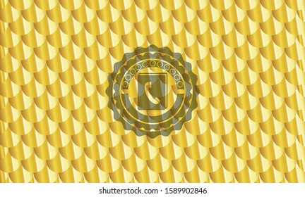 phonebook icon inside gold emblem or badge. Scales pattern. Vector Illustration. Detailed.
