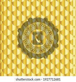 phonebook icon inside gold shiny emblem. Scales pattern. Vector Illustration. Detailed. 