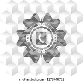 phonebook icon inside grey emblem. Retro with geometric cube white background