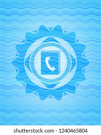 phonebook icon inside light blue water wave emblem.