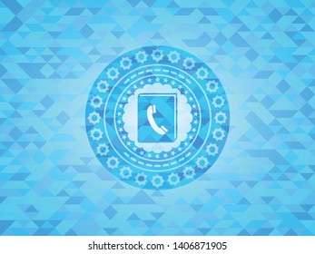 phonebook icon inside light blue emblem. Mosaic background