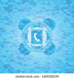 phonebook icon inside light blue emblem with mosaic ecological style background