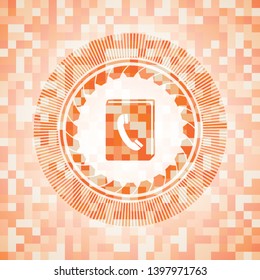 phonebook icon inside orange tile background illustration. Square geometric mosaic seamless pattern with emblem inside.