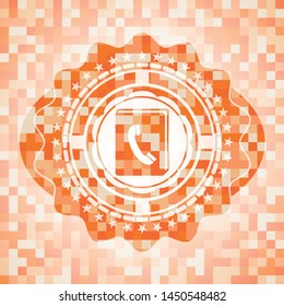 phonebook icon inside orange tile background illustration. Square geometric mosaic seamless pattern with emblem inside.