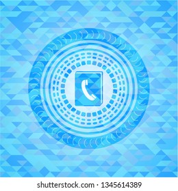 phonebook icon inside realistic light blue emblem. Mosaic background